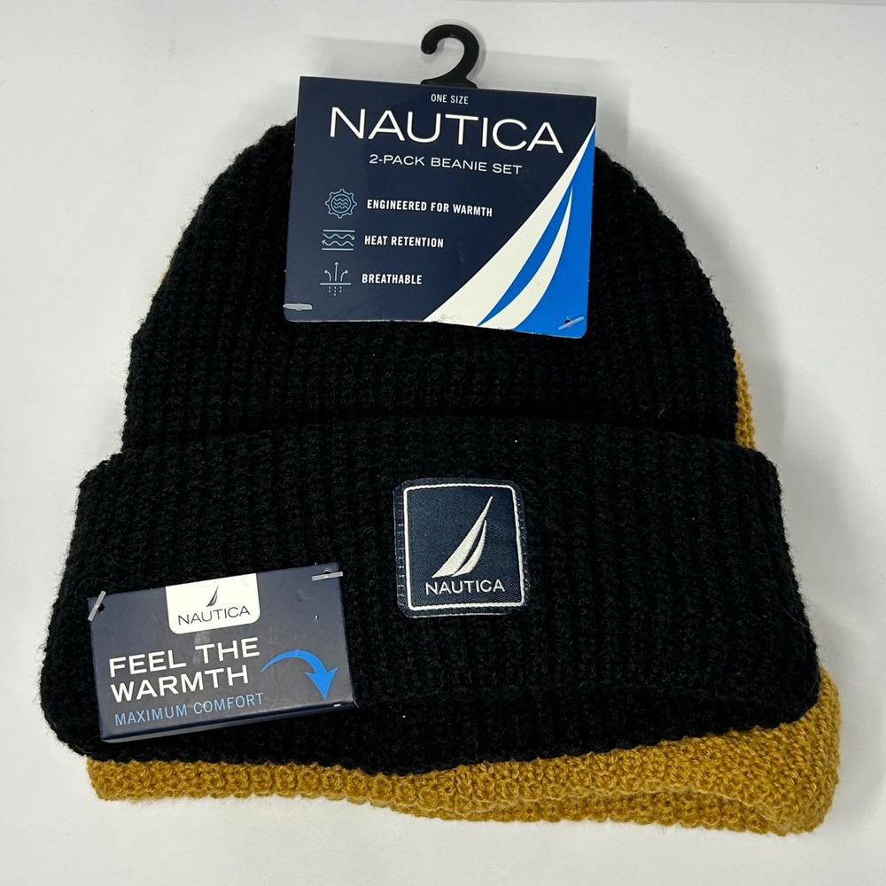 Nautica 2-Pack Beanie Set Mens One Size Black Mustard Yellow Fleece Lined New